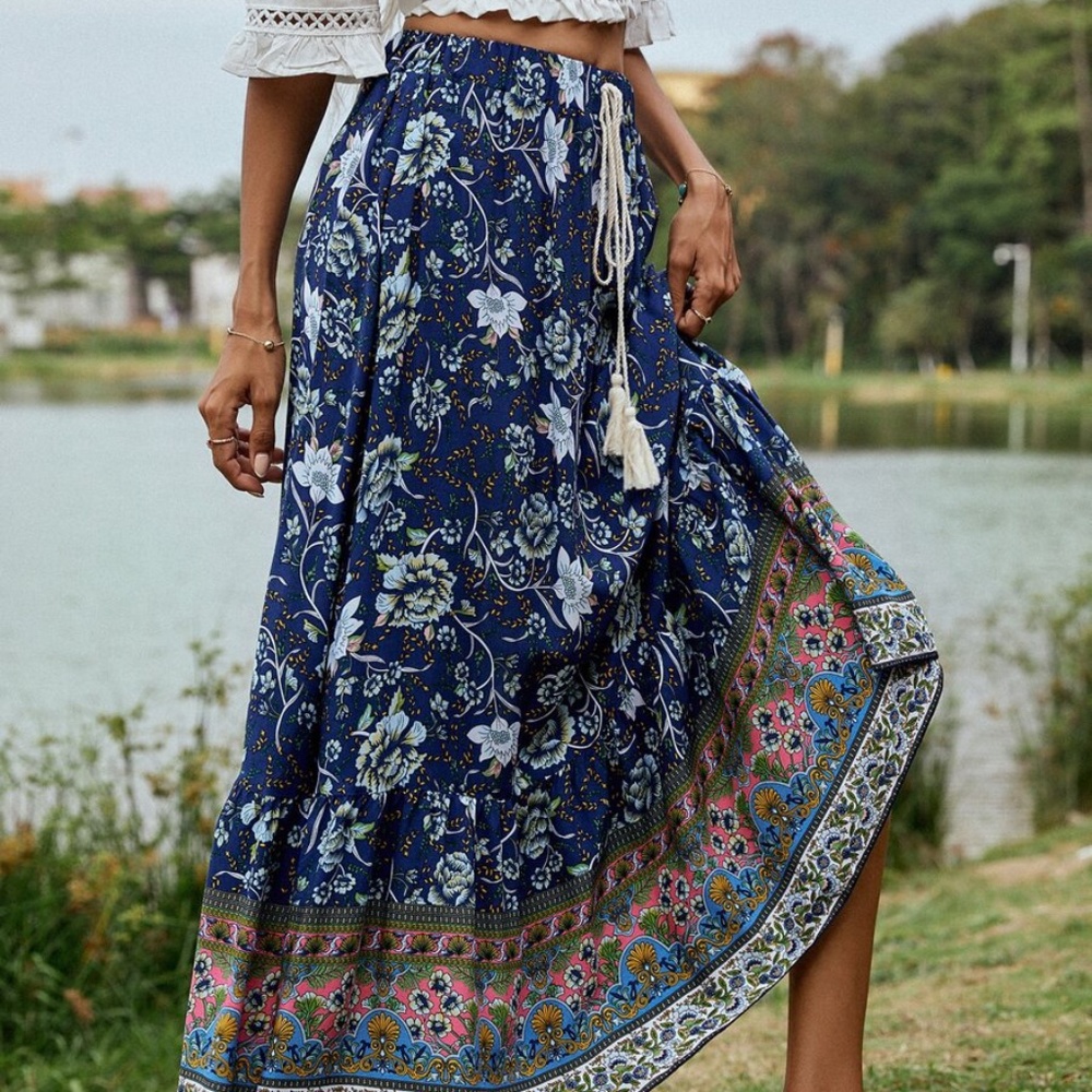 Boho Yellow Floral Tassel Ruffle Maxi Skirt Gypsy - Picture 15 of 15